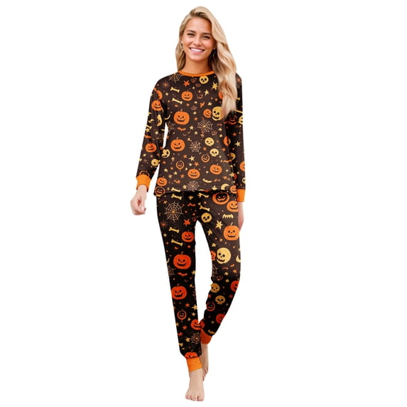 Family Matching Halloween Pajamas Set Spider Web Witch Hat Long Sleeve Funny Loungewear Pumpkin Ghost Crew Neck Spooky Pajamas, Women:2XL