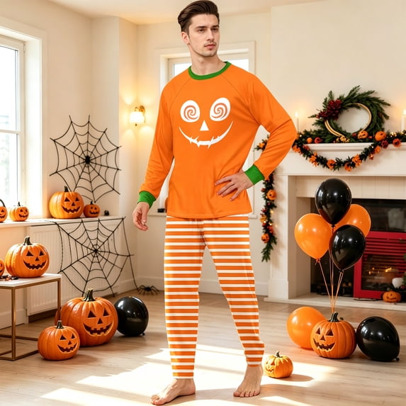Family Matching Halloween Pajamas Set Witch Hat Skull Crew Neck Horror Loungewear Candy Bat Spooky Straight Leg Pjs, Men:S