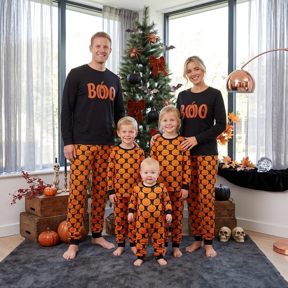 Family Matching Halloween Pajamas with Dog Pumpkin Print Crew Neck Sleepwear Set