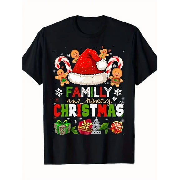 Family Matching Holiday Graphic T-Shirt Gingerbread Santa Print Casual Short Sleeve