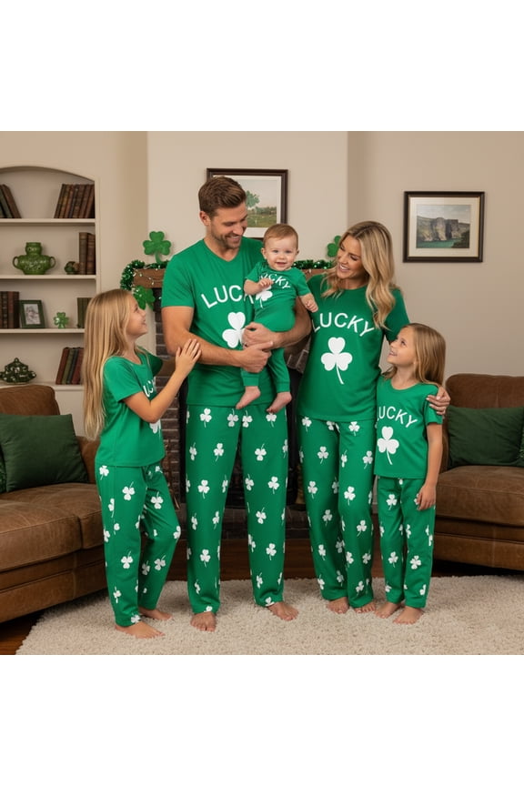 Family Matching Irish Pajamas Set Shamrock Letter Print Holiday Pajamas Short Sleeve Tops Pants