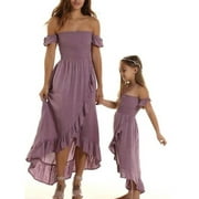 ALASELEGANTES Family Matching Outfit Mommy Daughter Off-Shoulder Dress Ruffled Hem Pink Sweet Tube Top Summer Dress