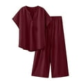 thumbnail image 1 of Family Matching Outfits Women Loose Casual Solid Color Outfits Linen Set Short Sleeved V-Neck Blouse Tops Pants Outwear Travel Clothing Set Wine XL, 1 of 8