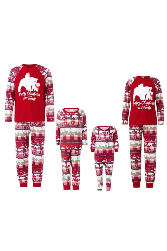 Family Matching Pajamas Adult Kids Christmas Bear Print Long Sleeve Tops and Stretch Casual Pants Sleepwear