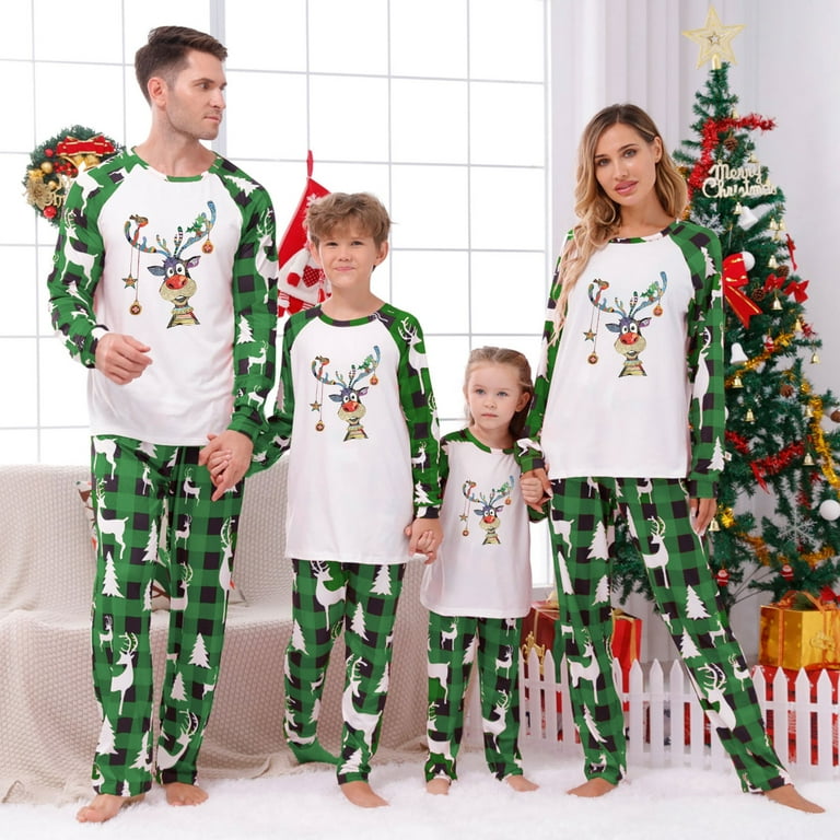 Green Elk Merry Christmas Matching Family Pajamas Sets Christmas PJ's  Letter Print Top And Plaid Pants