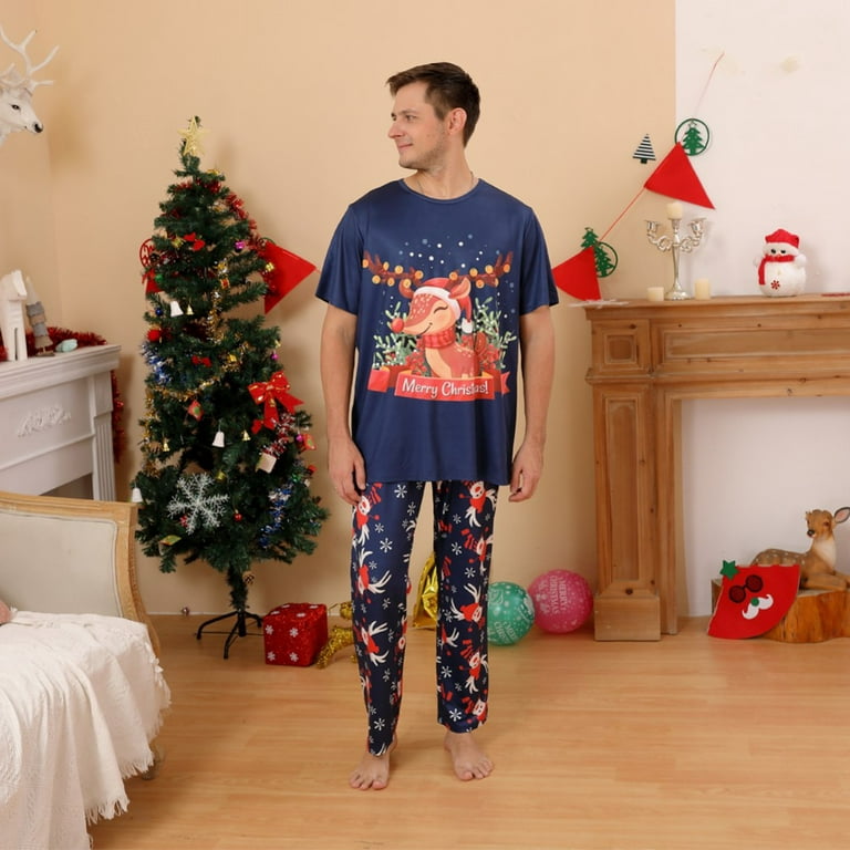 Family Matching Pajamas Christmas Sleepwear Short Sleeve Sleep Shirt with  Printed Pants Soft Loungewear Pjs Set 