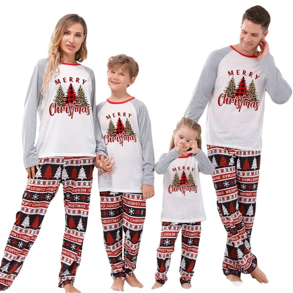 Family Matching Pajamas Christmas Tree Letters Print Long Sleeve Tops and Stretch Casual Pants Sleepwear
