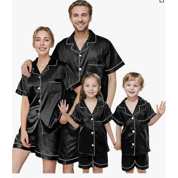 Family Matching Pajamas Contrast Trim Short Sleeve Lapel Tops and Shorts Set Family Satin Sleepwear