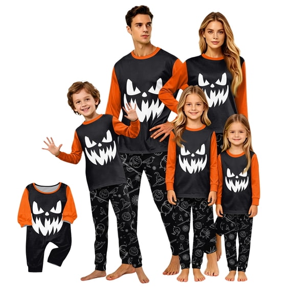 Family Matching Pajamas, Halloween Matching Family Pajamas Black Orange Pumpkin Print Long Sleeve 2 Piece Pj Set Monster Sleepwear Nightwear Loungewear Classic Horror Photos