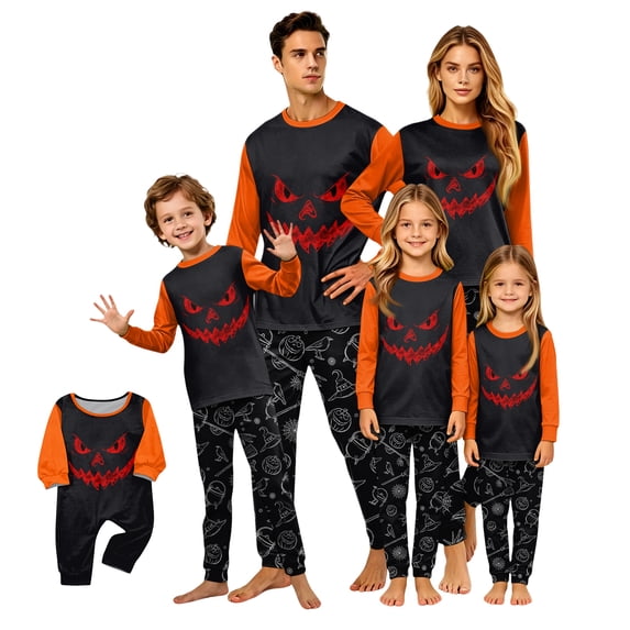 Family Matching Pajamas, Halloween Pajamas for Family, Halloween Matching Family Pajamas Black Orangepumpkin Print Long Sleeve Two Piece Pj Set Death Sleepwear Nightwear Loungewear Skeleton Photos