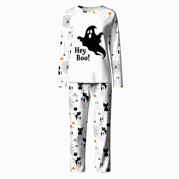 Family Matching Pajamas Halloween Pumpkin Print Long Sleeve Crewneck Tops and Pant Set for Men/Women/Kids/Baby Satin 2 Pcs Sleepwear- Woman