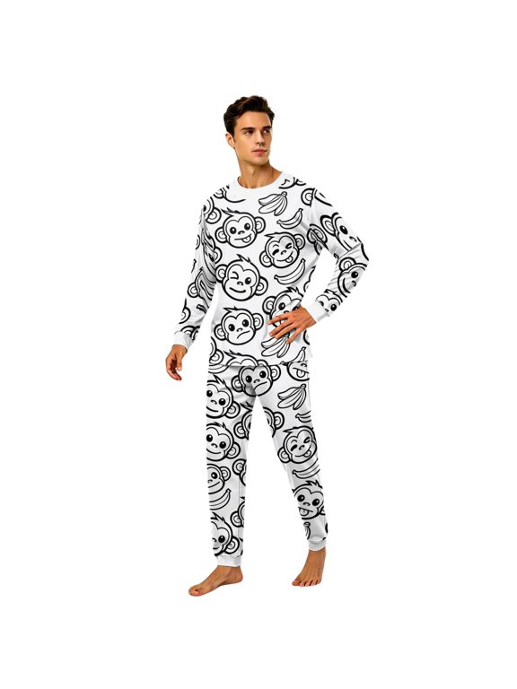 Family Matching Pajamas Set Black White Monkey Banana Long Sleeve Shirt for Winter Relaxation