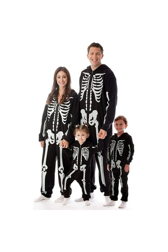 Family Matching Pajamas Set Halloween Glowing in the Dark Skeleton One Piece Hooded Jumpsuit Holiday Pjs Set