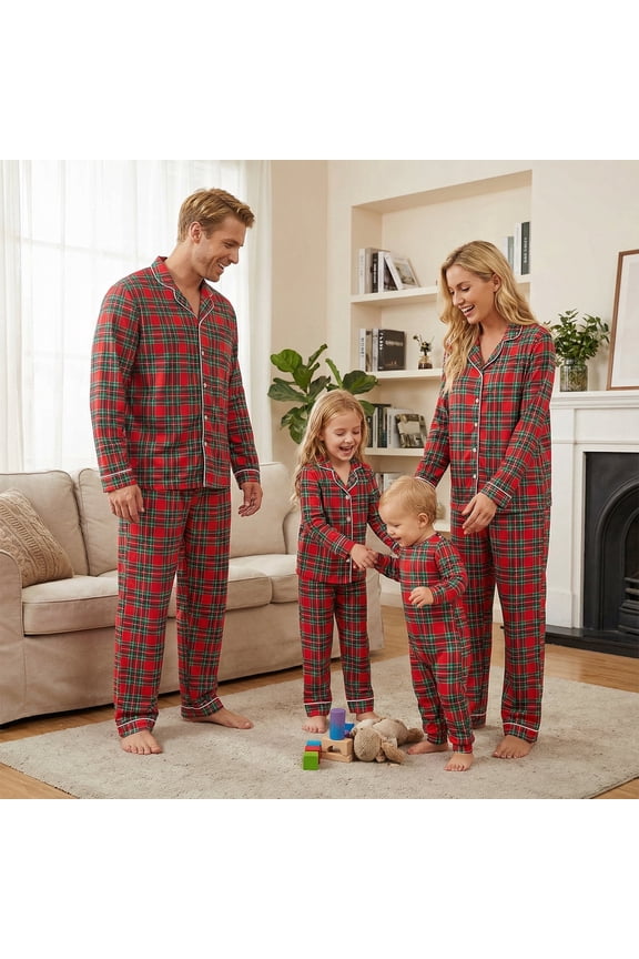 Family Matching Pajamas Set Plaid Print Long Sleeve Tops Pants Holiday Sleepwear