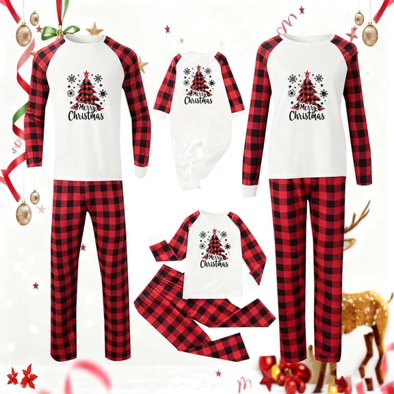 Family Matching Pajamas Sets Chrismas Parent-Child Clothing Long Sleeve Crewneck Shirts and Plaid Pjs Long Pants Father Mother Kids and Baby Sleepwear Loungewear Red