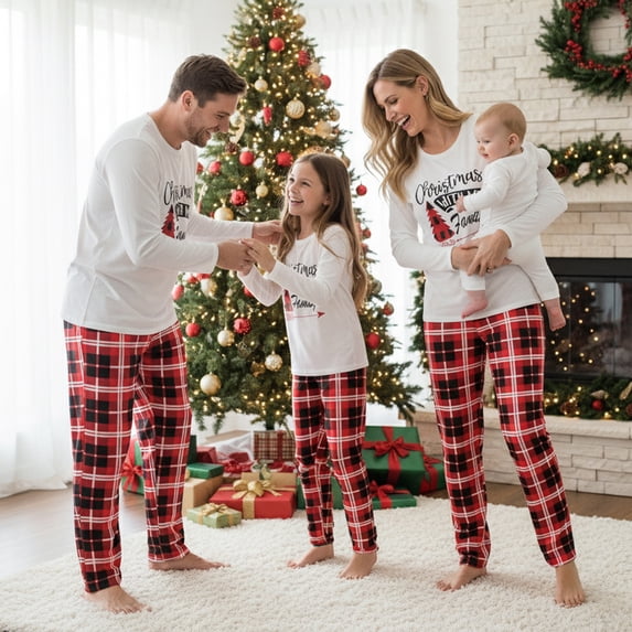 Family Matching Pajamas Sets Christmas Letters Printed Long Sleeve Tops Plaid Pants Sleepwear