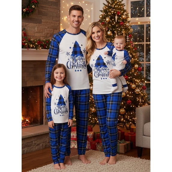 Family Matching Pajamas Sets Christmas Tree Printed Long Sleeve Tops with Plaid Pants 2Pcs Family Sleepwear