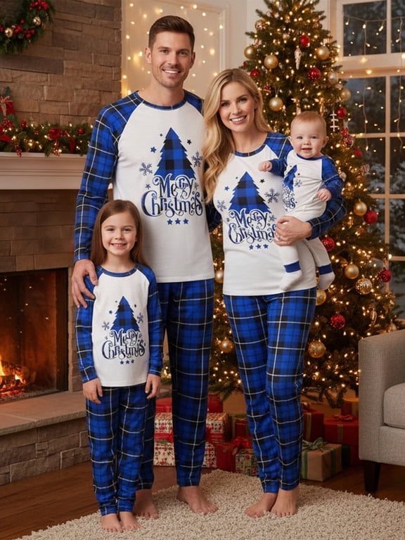Family Matching Pajamas Sets Christmas Tree Printed Long Sleeve Tops with Plaid Pants 2Pcs Family Sleepwear