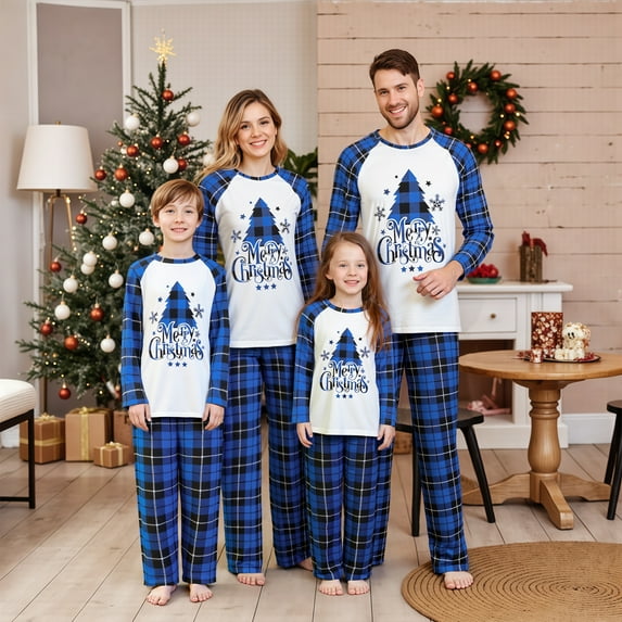 Family Matching Pajamas Sets Christmas Tree Printed Long Sleeve Tops with Plaid Pants 2Pcs Family Sleepwear