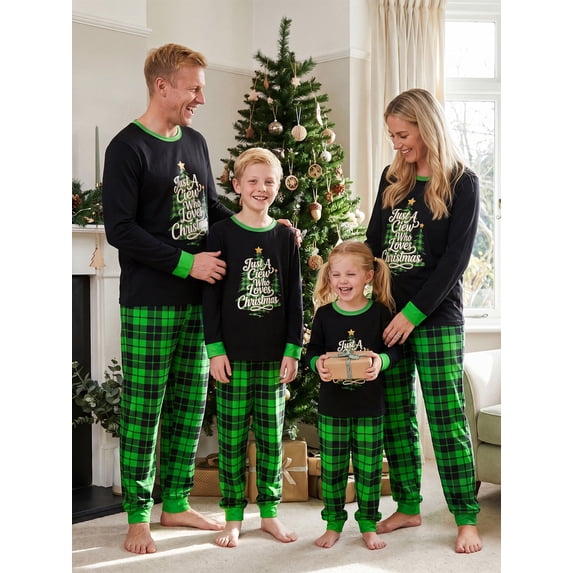 Family Matching Pajamas Sets Fashion Long Sleeve Christmas Tree Printed Tops with Plaid Pants 2Pcs Family Sleepwear