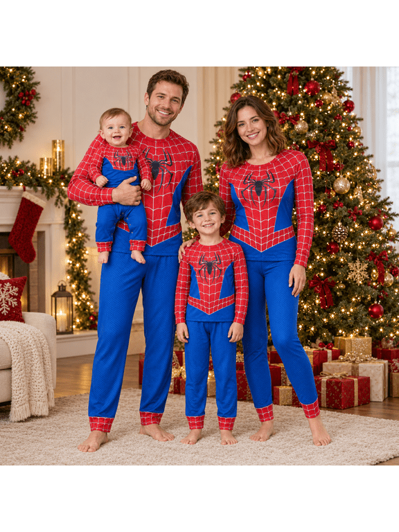 Family Matching Pajamas Super Hero Spider Graphic Long Sleeve Sleepwear Set Holiday Loungewear for B'ab'y and Adults Soft Cozy Nightwear Comfortable Pjs Spider Costumes