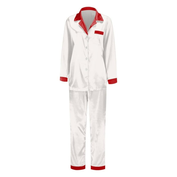 Family Matching Pajamas White Satin Pjs Long Sleeve Button Down Shirt Top and Pants Baby Winter Essentials Matching Pjs (Mom)