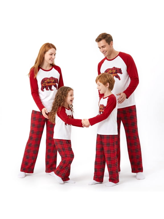 Matching Family Christmas Pajamas Set - Raglan "Merry Christmas" Bear Graphic Top with Red Plaid Pants for Men, Women, Kids