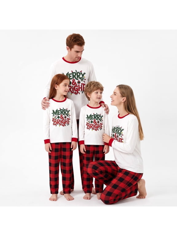 Matching Family Christmas Pajamas Set - Long Sleeve "Merry & Bright" Holiday Graphic Top & Red-Black Buffalo Plaid Pants Sleepwear for Men Women Kids