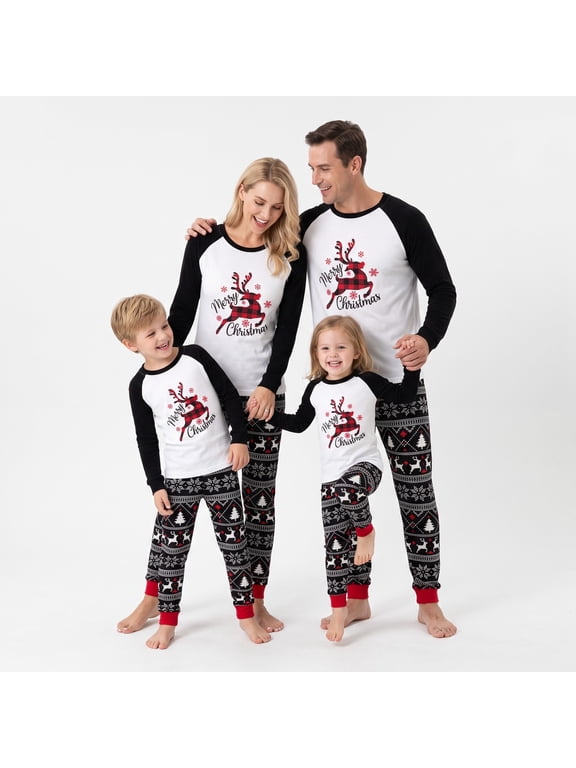 Family Matching Christmas Pajamas Set Long Sleeve Buffalo Plaid Reindeer Graphic Holiday Sleepwear with Nordic Fair Isle Pants for Dad Mom Kids