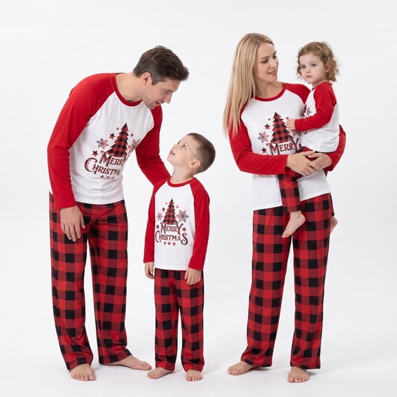 NIPAXO Family Matching Christmas Pajamas Set Long Sleeve Raglan Top and Red Buffalo Plaid Pants Holiday Sleepwear for Dad Mom Kids