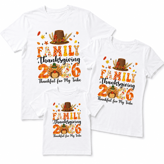 Family Matching Shirts, Thanksgiving 2026 Thankful for My Tribe Turkey T-Shirt Kids 130cm OdeJous