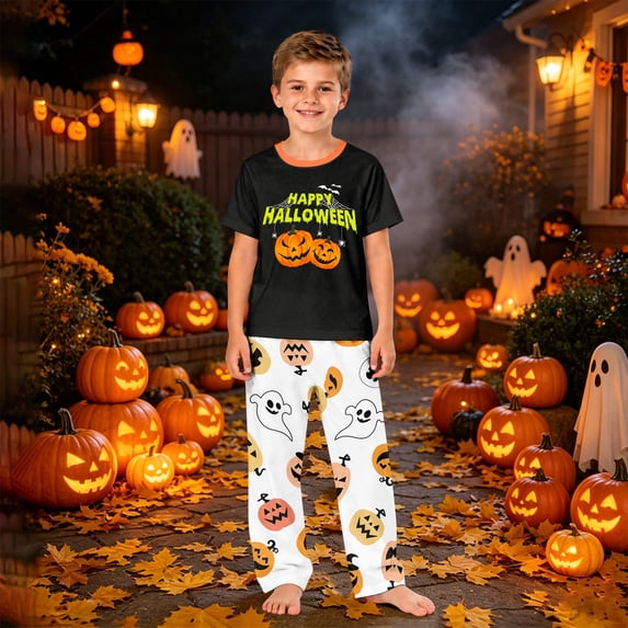 Family Matching Short-Sleeve Halloween PJs Cute Jack-O-Lantern and Friendly Ghost Graphic Sleepwear Sets Comfortable Seasonal Loungewear Outfits