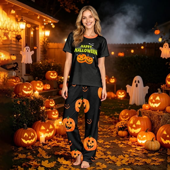 Family Matching Short-Sleeve Halloween Pajama Sets Soft and Cozy Ghost Pumpkin Print PJs for Holiday Mornings and Bedtime