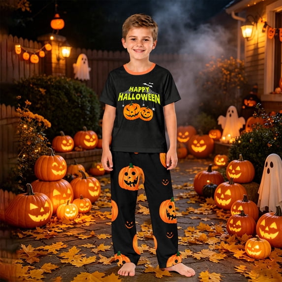Family Matching Short-Sleeve Halloween Pajama Sets Soft and Cozy Ghost Pumpkin Print PJs for Holiday Mornings and Bedtime