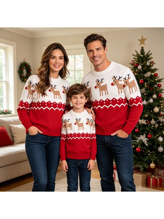 Family Matching Sweaters Womens Mens Unisex Crew Neck Xmas Ugly Sweater Pullover Holiday Long Sleeve Tops, Red, L