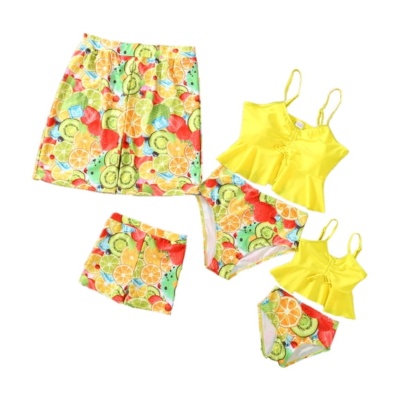 Family Matching Swimsuit Yellow Bikini Set for Women Girl Boy Men Swim Trunks Tropical Bathing Suit