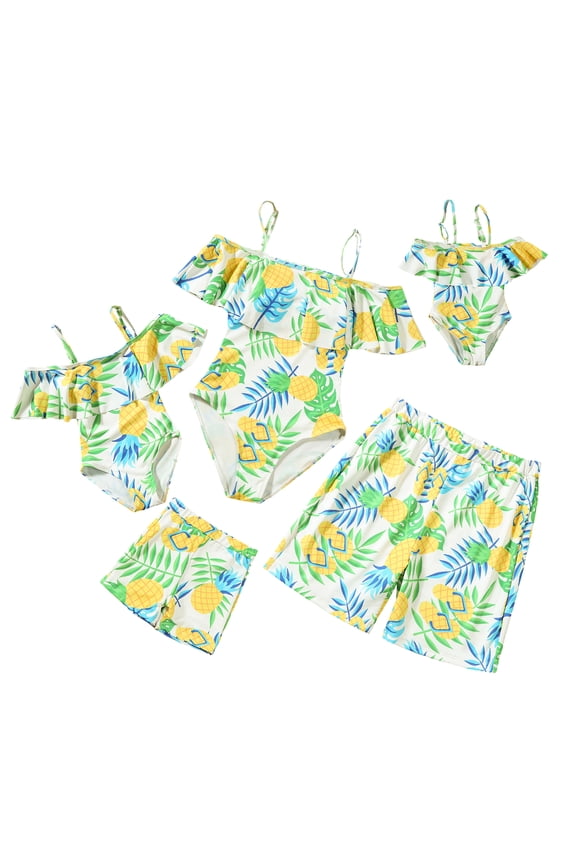 Family Matching Swimsuit Yellow Bikini Set for Women Girl Boy Men Swim Trunks Tropical Bathing Suit