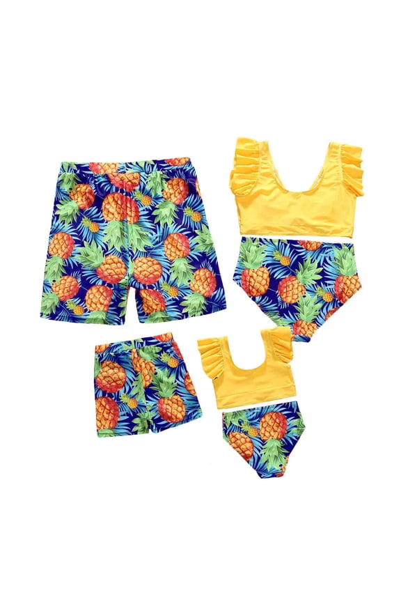 Family Matching Swimsuit Yellow Bikini Set for Women Girl Boy Men Swim Trunks Tropical Bathing Suit
