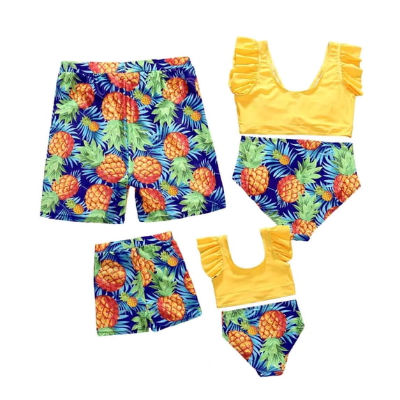 Family Matching Swimsuit Yellow Bikini Set for Women Girl Boy Men Swim Trunks Tropical Bathing Suit