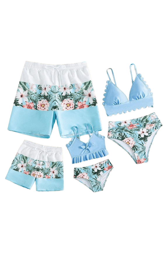 Family Matching Swimsuits Floral Mommy and Me Tummy Control Bikini Set Dad Son Swim Trunks Swimwear