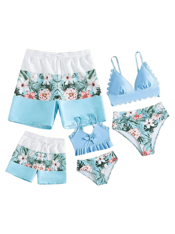 Family Matching Swimsuits Floral Mommy and Me Tummy Control Bikini Set Dad Son Swim Trunks Swimwear