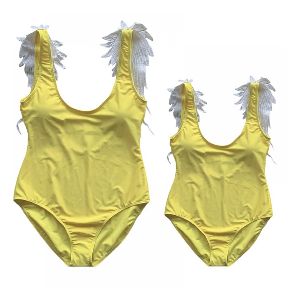 Family Matching Swimsuits One Piece Bathing Suit Wing Shoulder Straps Swimwear High Waisted