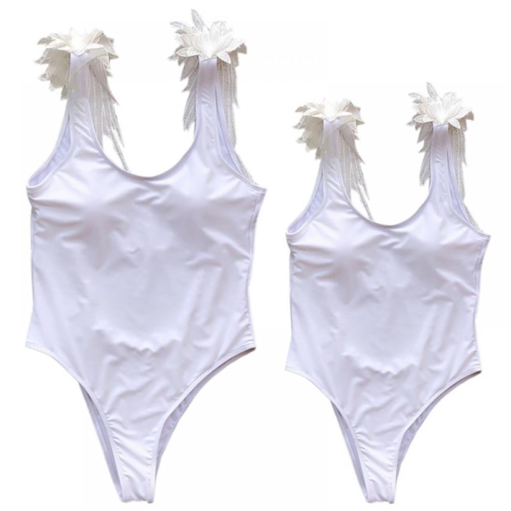 Family Matching Swimsuits One Piece Bathing Suit Wing Shoulder Straps Swimwear High Waisted