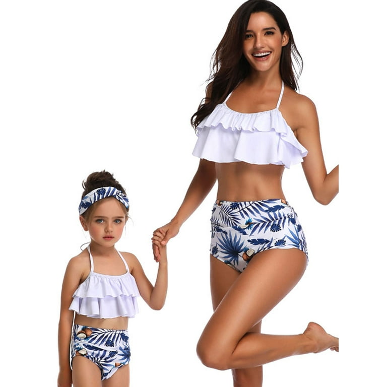 Family Matching Swimwear Mother Daughter Women Kids Girl Bikini Set  Beachwear Bathing Suit Swimsuits Beachwear Push-Up Bra Bandage White Blue  Tankini