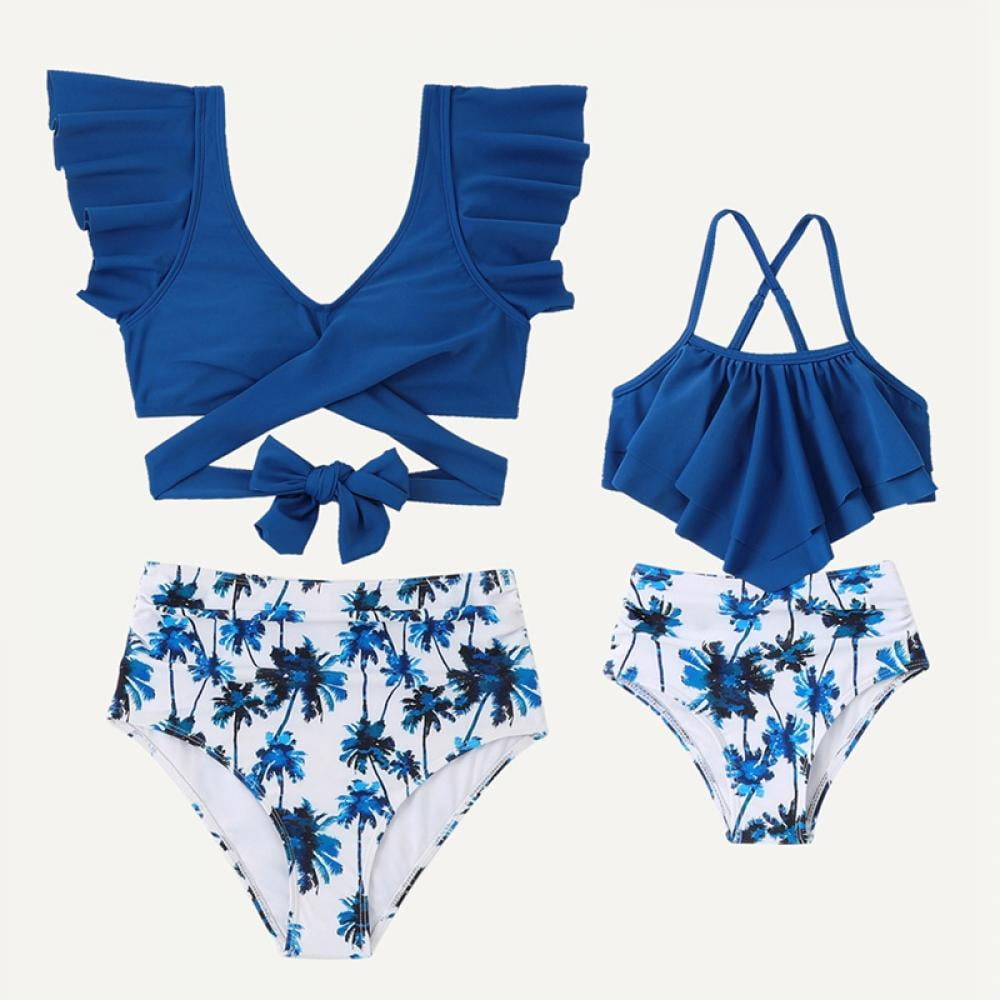 Family Matching Two Pieces Bikini Set Flower Printed Ruffles Swimsuit Mommy And Me Bathing Suits