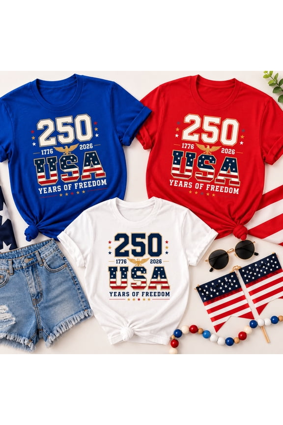 Family Matching USA T-Shirt, 250 Years of Freedom Vintage Varsity 1776-2026 Anniversary Patriotic Group Tee, Unisex Cotton