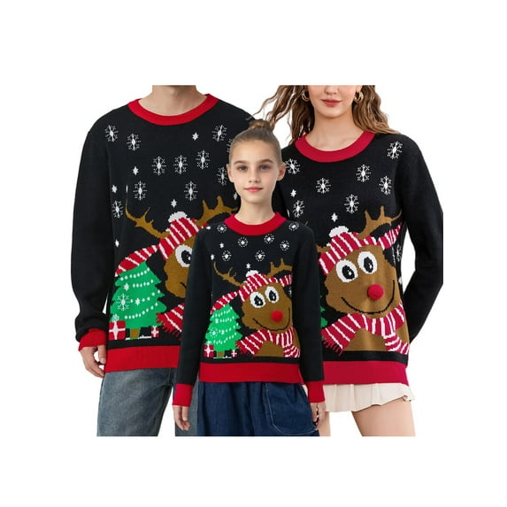 Family Matching Ugly Christmas Sweater Reindeer Snowflake Print Long Sleeve Crew Neck Knit Holiday Jumper Tops Outfit