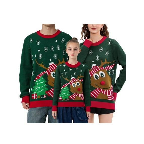 Family Matching Ugly Christmas Sweater Reindeer Snowflake Print Long Sleeve Crew Neck Knit Holiday Jumper Tops Outfit