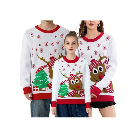 Family Matching Ugly Christmas Sweater Reindeer Snowflake Print Long Sleeve Crew Neck Knit Holiday Jumper Tops Outfit