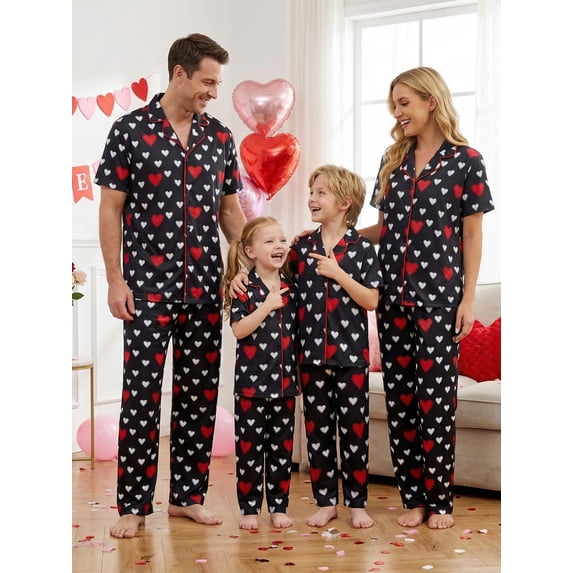 Family Matching Valentine Pajamas Set Heart Print Short Sleeve Tops Pants Holiday Sleepwear
